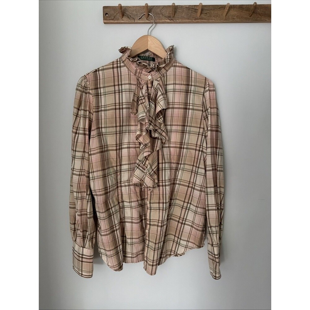Lauren Ralph Lauren Plaid Ruffle Shirt Button Preppy Equestrian Womens XL